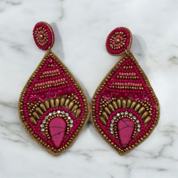 Vibrant Pink and Gold Teardrop Earrings with Intricate Beadwork - Picture 1 of 6
